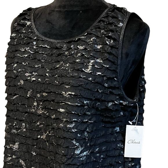 Chais black and metallic gold ruffle tier tank tropical escape size L large NWT - Picture 6 of 16